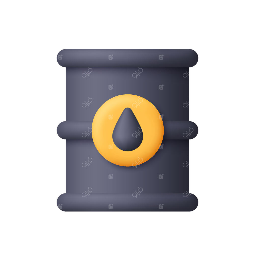 بشکه نفت سیاه با دایره زرد و نماد قطره نفت. مخزن بشکه نفت. صنعت نفت، منابع انرژی و مفهوم نفت. آیکون سه‌بعدی. سبک کارتونی و ساده.
