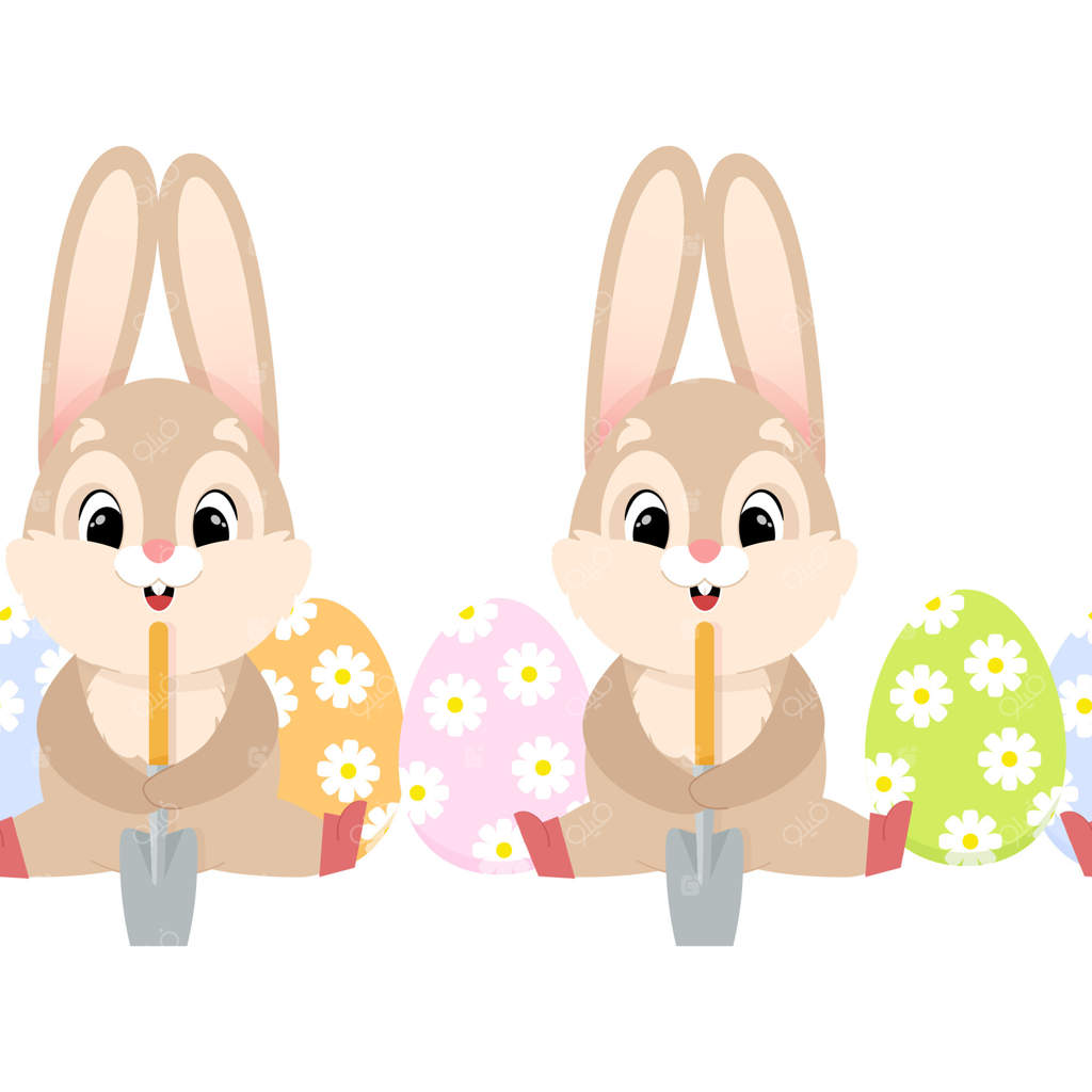 خرگوش‌های باغبان بامزه با بیل و تخم‌مرغ‌های عید پاک در حاشیه‌ای بی‌پایان