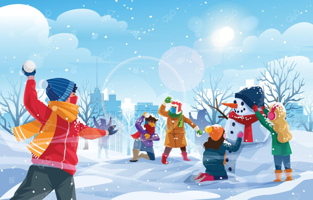 پس‌زمینه منظره جادویی زمستان و کودکان در حال برف‌بازی