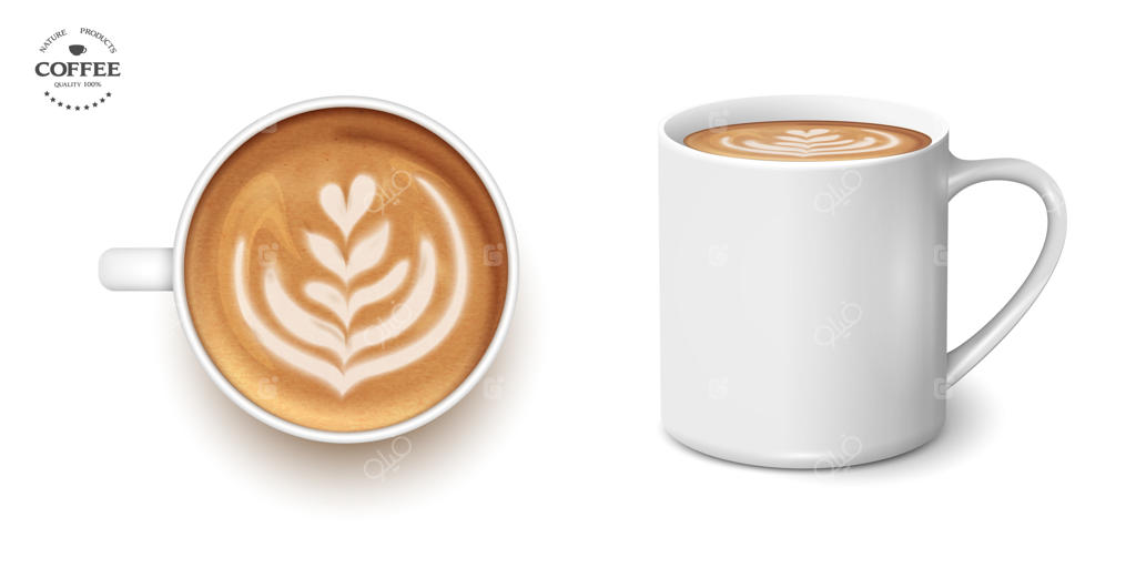 فنجان سفید قهوه لاته با طرح گل لاله، ست سه‌بعدی واقع‌گرایانه. نمای بالا و کناری.