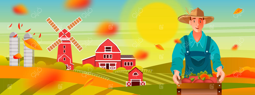 چشم‌انداز پاییزی ارگانیک با کشاورز جوان، آسیاب بادی، خورشید زرد، تپه‌های سبز و انبار