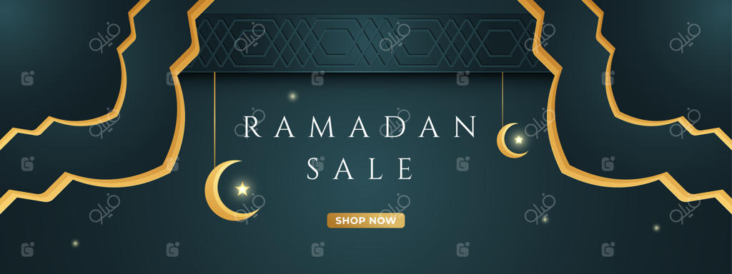 طراحی بنر و هدر فروش ویژه ماه رمضان با هلال ماه و نقوش اسلامی