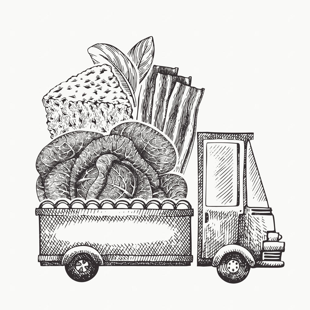 لوگوی تحویل فروشگاه مواد غذایی. تصویر دستی از کامیون همراه با سبزیجات، پنیر و بیکن. طراحی غذایی به سبک سنتی و حکاکی شده.