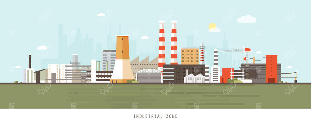 منطقه صنعتی با کارخانه‌ها، نیروگاه‌ها، انبارها و برج‌های خنک‌کننده در پس‌زمینه ساختمان‌های شهری. تصویرسازی کارتونی و رنگی برای بنر.
