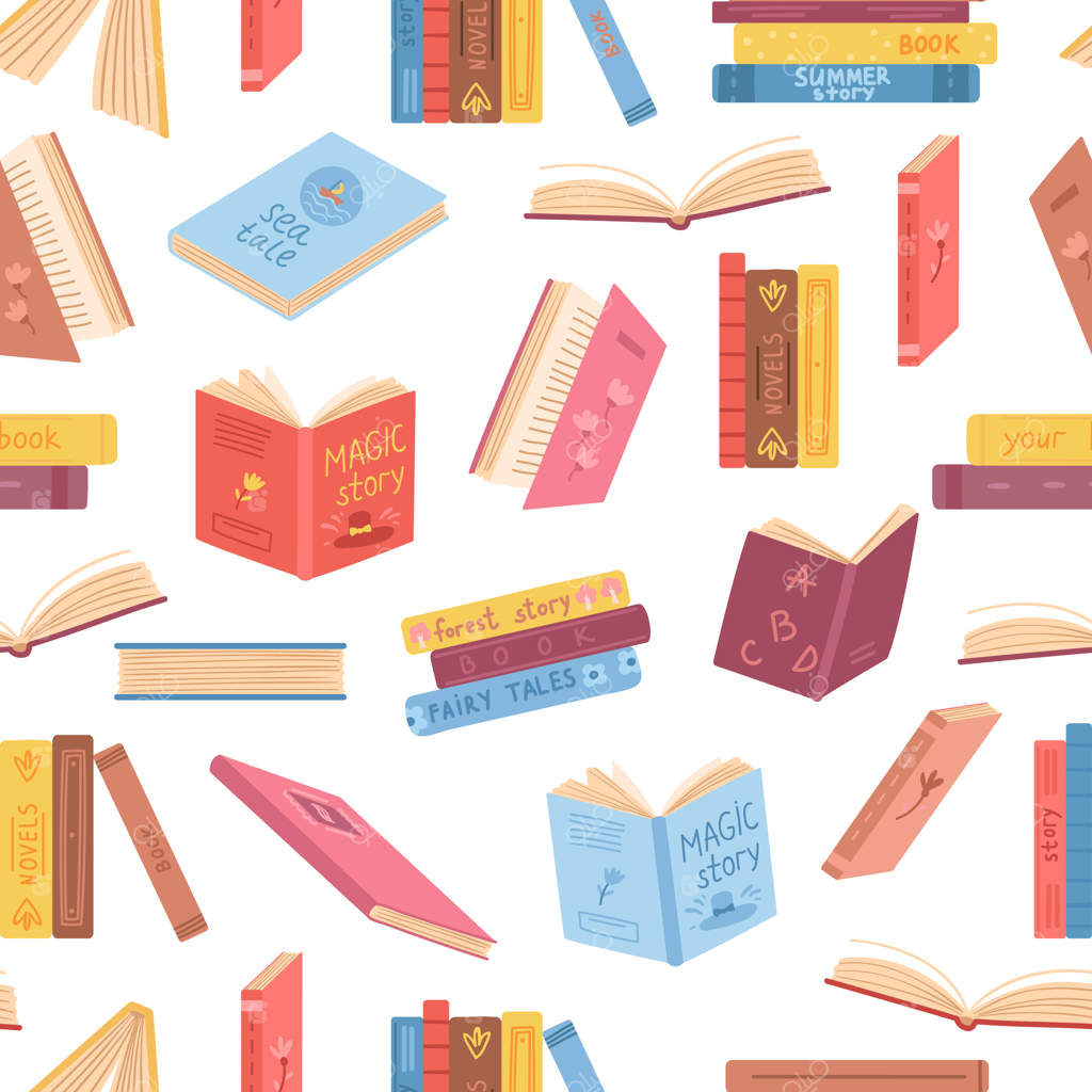 پترن یکپارچه کتاب‌ها: کتاب باز، دفترچه و پشته‌ها پس‌زمینه‌ای برای کتابخانه یا بازار کتاب خواندن - کتابفروشی یا آموزش با بافت وکتور دقیق