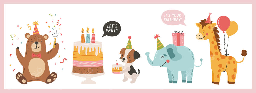 مجموعه‌ای از حیوانات تولد، کیک، هدایا. جشن تولد. کارت دعوت، برچسب، کارت تبریک، بنر