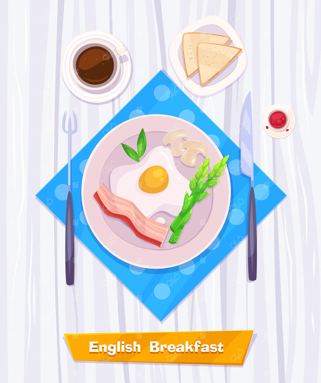 صبحانه سالم با املت، بیکن، قهوه و نان تست. نمای بالا روی میز چوبی شیک با فضای متنی. تصویر استوک.