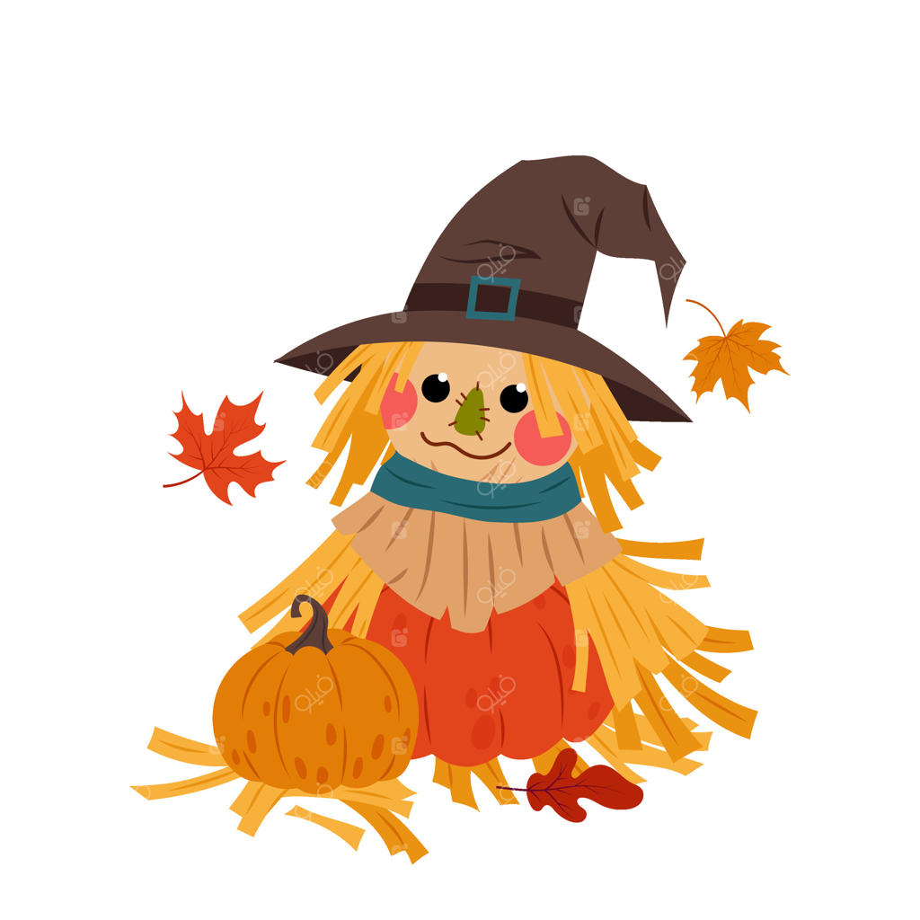 آدمک عروسکی از کدو تنبل و نیمه‌ای از کاه. برگ‌های پاییزی. دکور باغ، روستا، مزرعه یا کلبه. تصویرسازی کودکانه از مترسک.