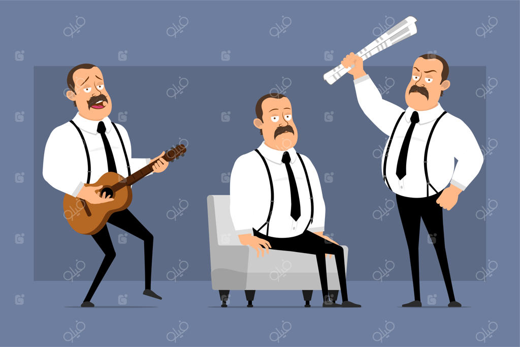 ژست‌های خنده‌دار کارمند اداری کارتونی در زمینه آبی