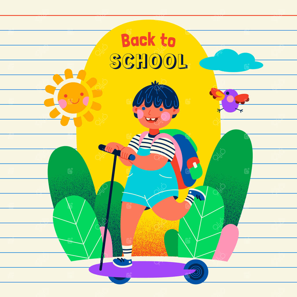 تصویر بازگشت به مدرسه با دانش‌آموز روی اسکوتر