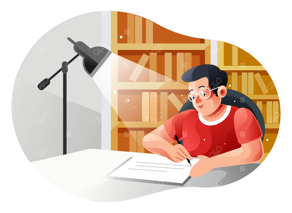 پسری در حال مطالعه با کتاب روی میز زیر لامپ