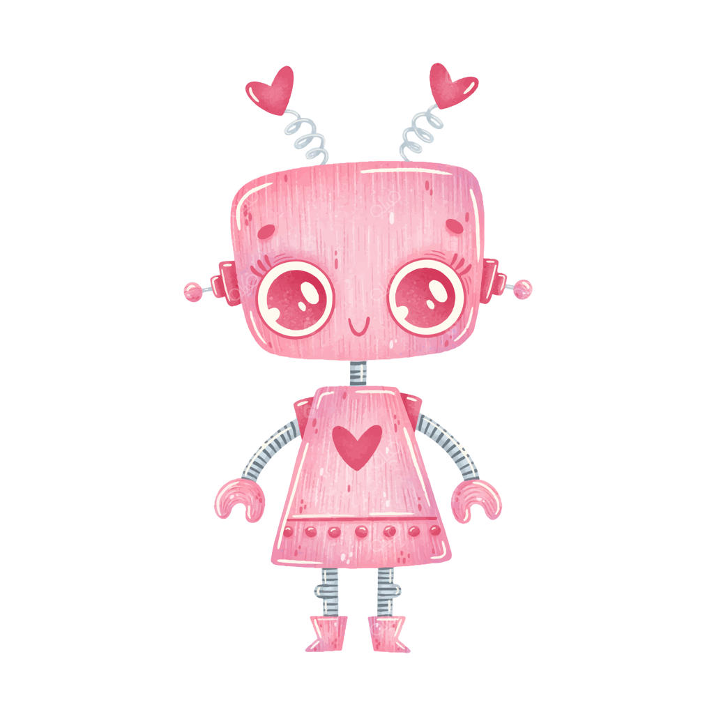 تصویر دختری ربات کارتونی صورتی بامزه در پس‌زمینه‌ی سفید