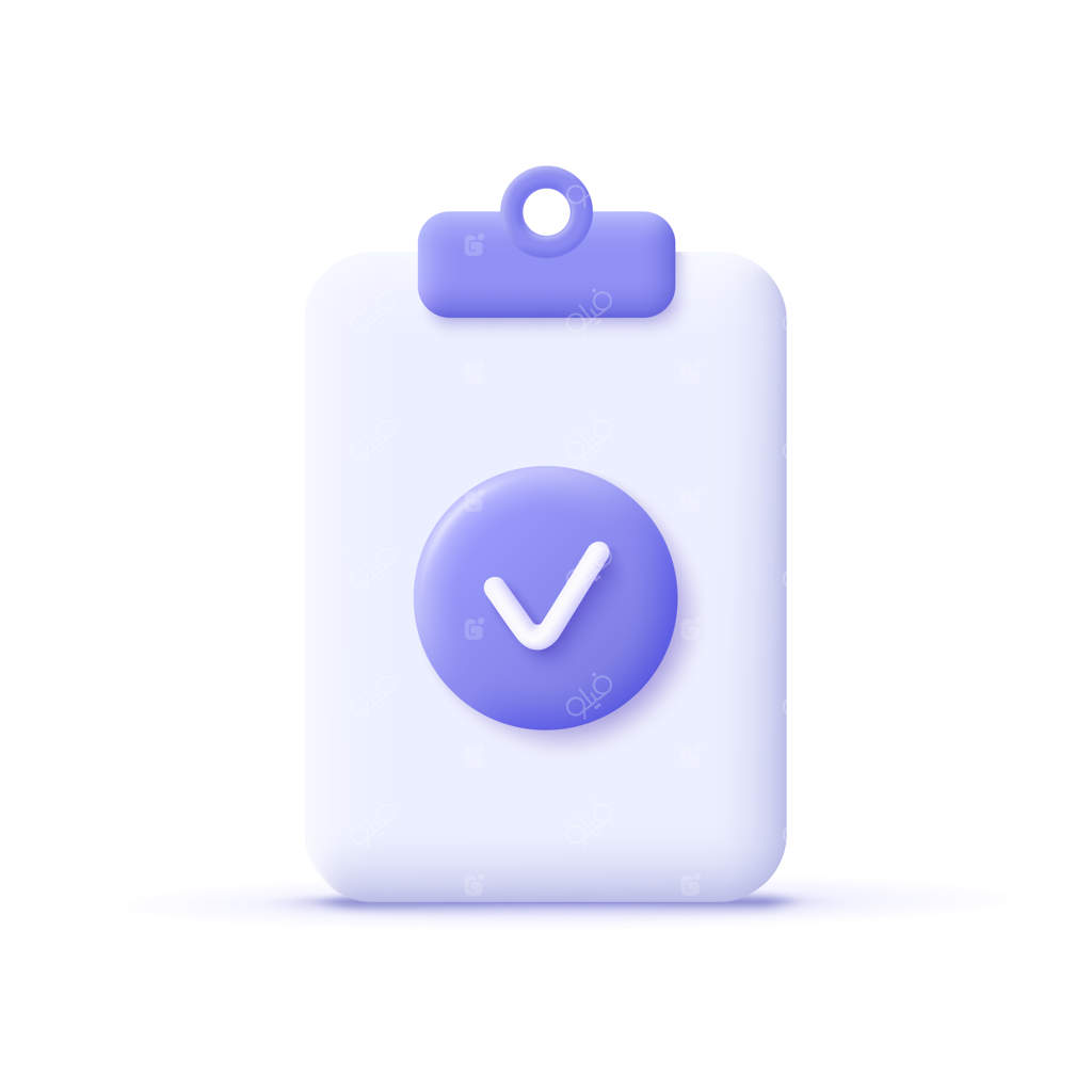 آیکن تیک. مفهوم تایید. سند، فایل، کلیپ بورد، چک‌لیست. تصویر‌سازی سه‌بعدی و واقعی.