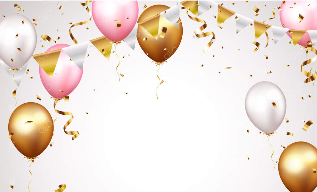بنر جشن با بادکنک‌ها و کاغذ رنگی طلایی