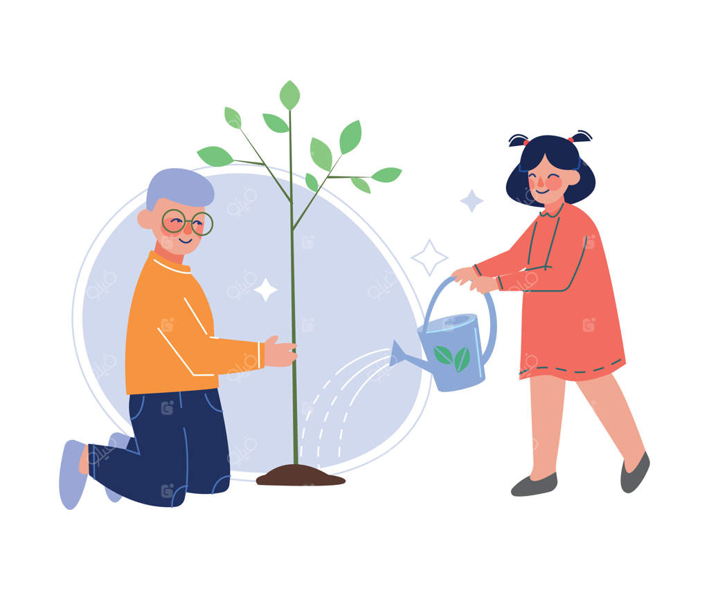 تصویر نوجوان پسر و دختر در حال کاشت و آبیاری درخت، کودکان داوطلب در باغ یا پارک