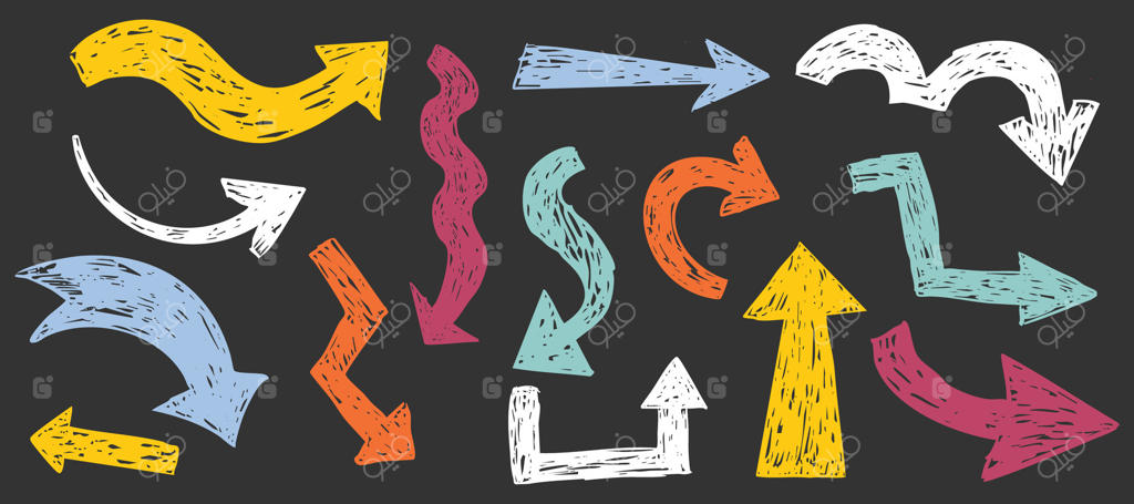 مجموعه فلش‌های ضخیم با طرح‌های مدادشمعی یا گچی بافت‌دار. اشکال ساده و منحنی در جهت‌های مختلف. خط‌خطی‌های مداد، ماژیک و پاستل.