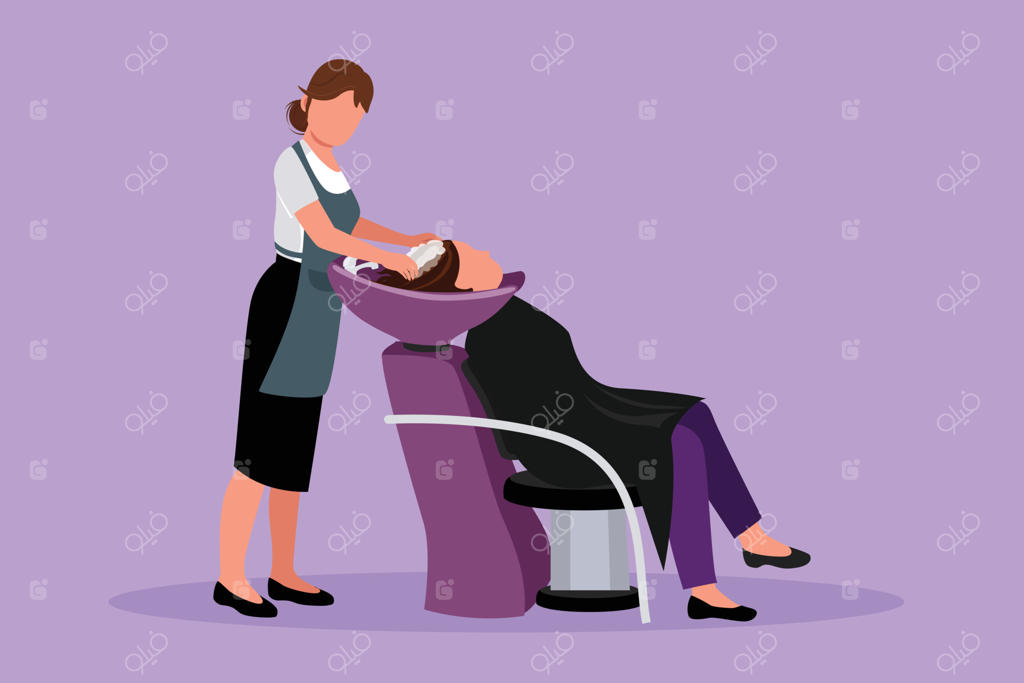 سبک کارتونی مانند یک پرنسس: تصویر نیم‌رخ از زنی جوان و آرام که در سالن زیبایی مو شست‌وشو می‌دهد. مفهوم زیبایی و مدل مو. موفقیت در کسب‌وکار آرایشگاه. طراحی گرافیکی وکتور.