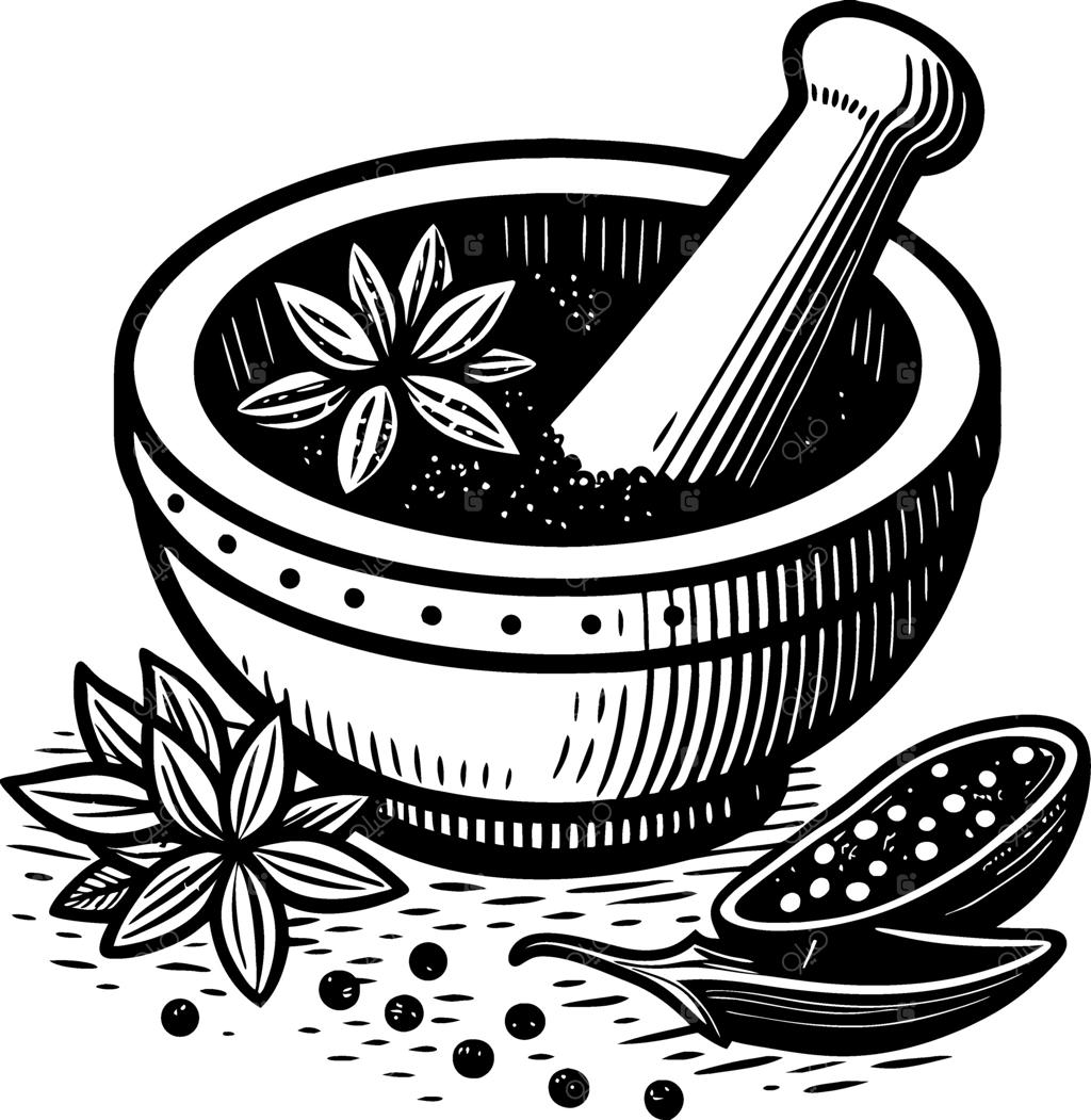 هاون قدیمی و بادیان ختایی همراه با ادویه‌جات برای آشپزی و درمان‌های گیاهی