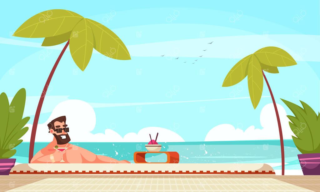 آرامش در طبیعت جنوب: تصویرسازی کارتونی با مردی نیرومند در رستوران ساحلی