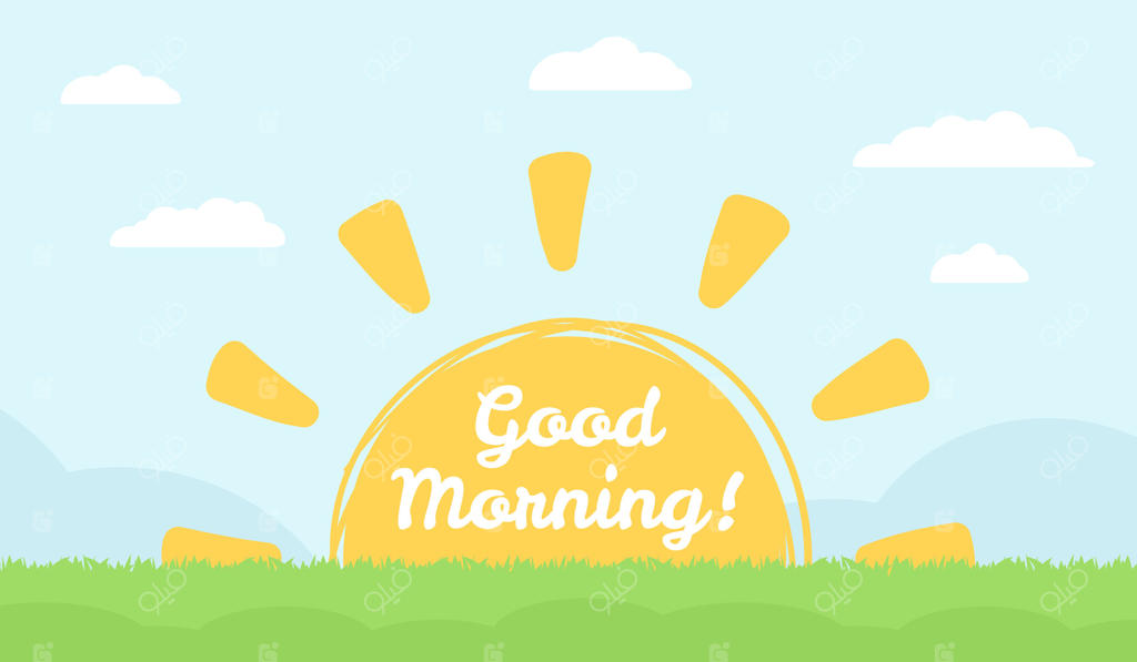 منظره چمنزار و طلوع خورشید با نوشته صبح بخیر