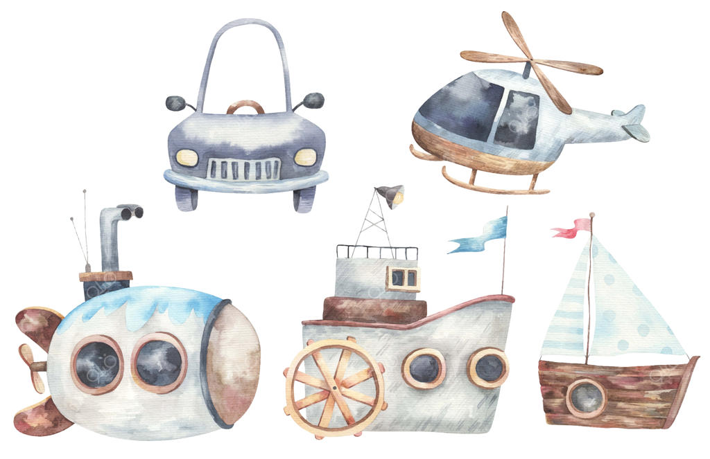 مجموعه‌ای از وسایل حمل و نقل: کشتی، زیر دریایی، ماشین، هلیکوپتر