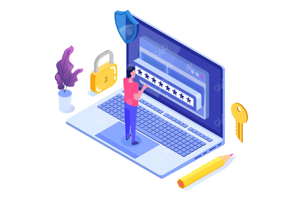 طرح مفهومی ایزومتریک دسترسی به داده‌ها و رمز عبور؛ فرم ورود به سیستم روی صفحه نمایش