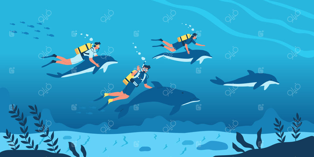 تصویرسازی وکتور غواصی و شنا با دلفین‌ها با سبک طراحی تخت