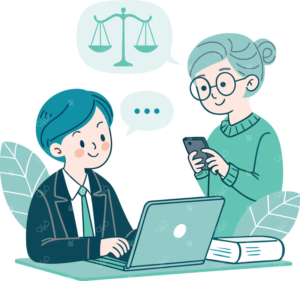 تصویرسازی کارتونی وکیل در حال مشاوره به موکل با موبایل و لپ‌تاپ