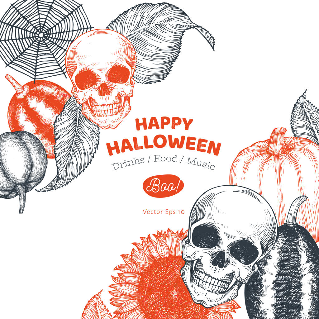 قالب بنر هالووین: طرح‌های دست‌کشیده با کدو تنبل، جمجمه، دیگ و گل آفتابگردان به سبک رترو.