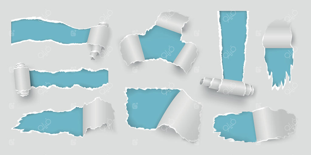 صفحه واقع‌گرایانه با سوراخ‌های پاره‌شده و لبه‌های کاغذ رول شده. قاب‌های سفید از ورق‌های پاره برای پوستر فروش. مجموعه‌ طرح‌های کاغذی پاره و فرسوده وکتوری