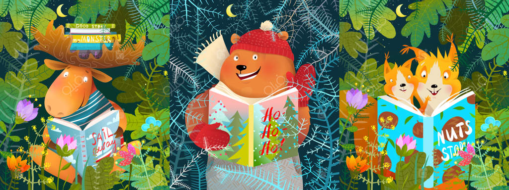 حیوانات جنگل در حال خواندن کتاب در جنگل: مطالعه یا خواندن کتاب‌ها توسط خرس، گوزن شمالی و سنجاب در دل طبیعت، شخصیت‌های حیوانات در میان برگ‌ها و درختان.