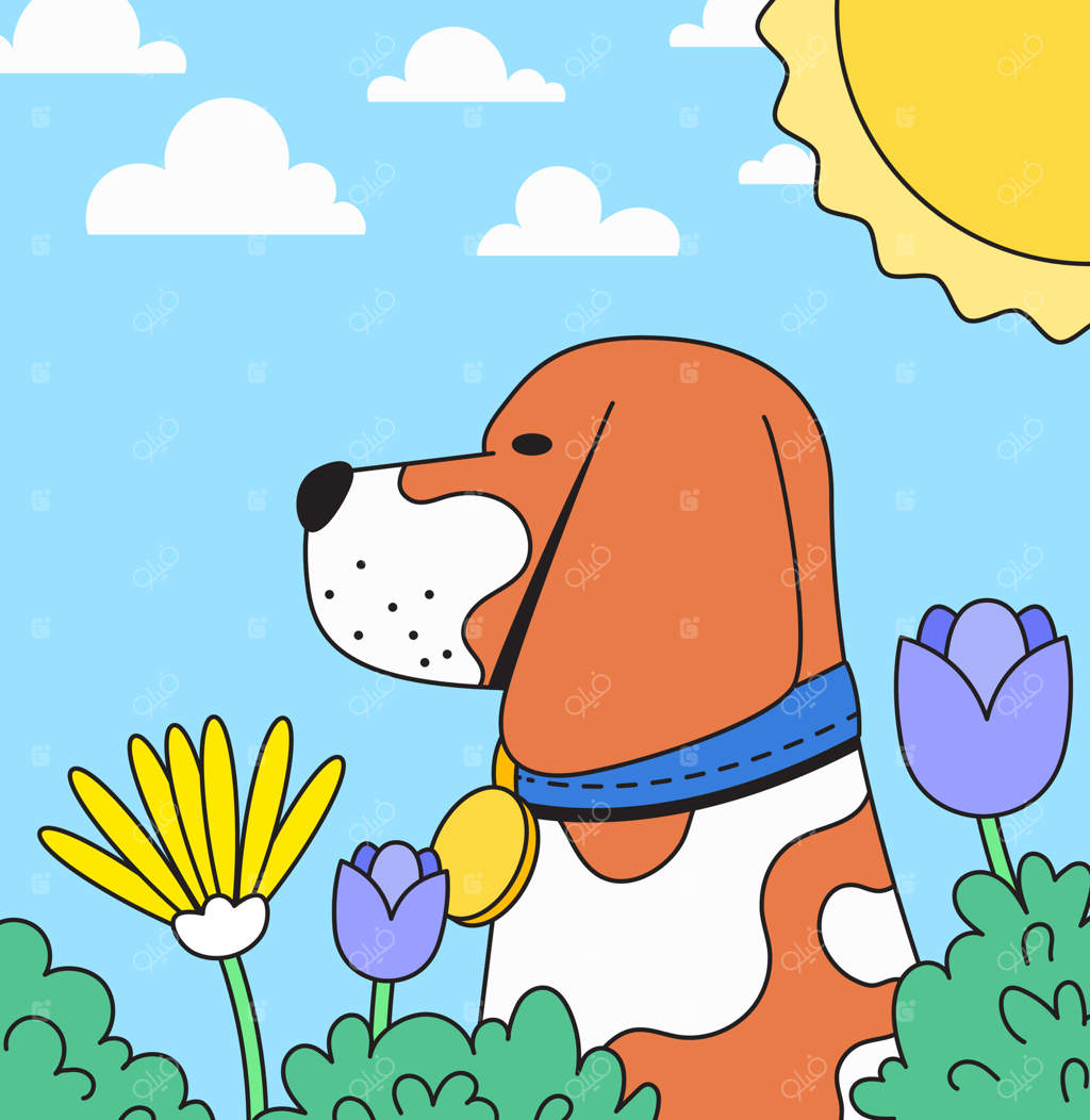 سگی در باغ گل‌ها با پس‌زمینه آفتاب - نقاشی دستی