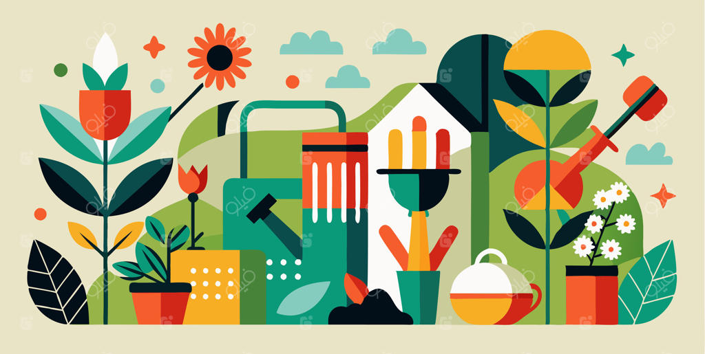 تصویر باغی با گل‌ها و ابزارهای باغبانی