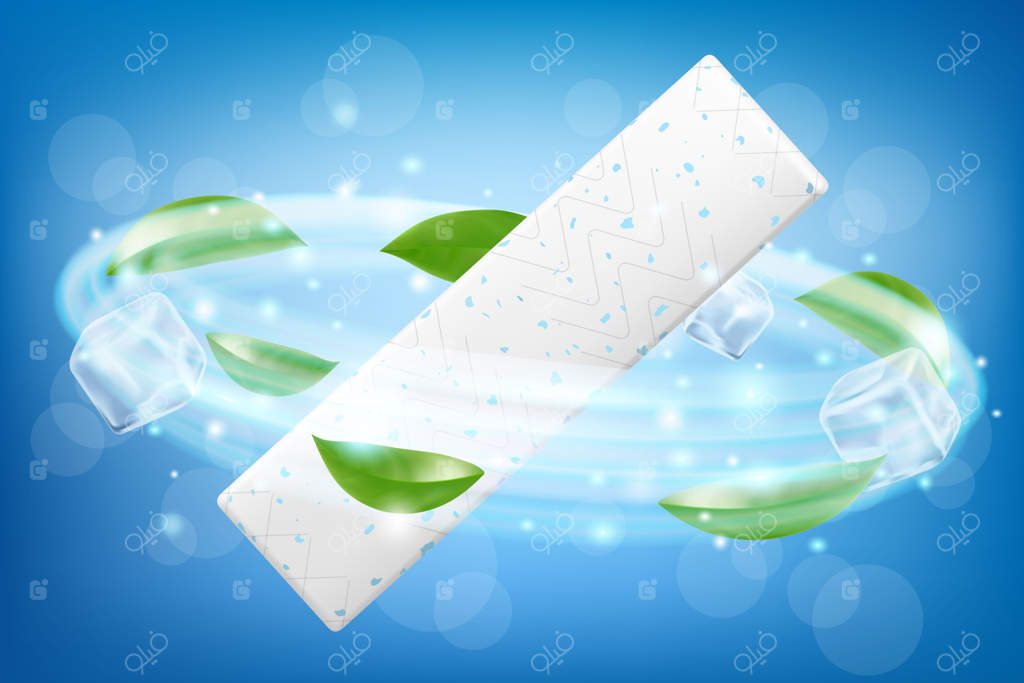 آدامس با تکه‌های یخ و برگ‌های نعناع - برگ‌های سبز نعناع برای تنفس تازه - آدامس‌های مفید برای دندان‌ها و بهداشت دهان - آبنبات شیرین و تازه در زمینه سفید