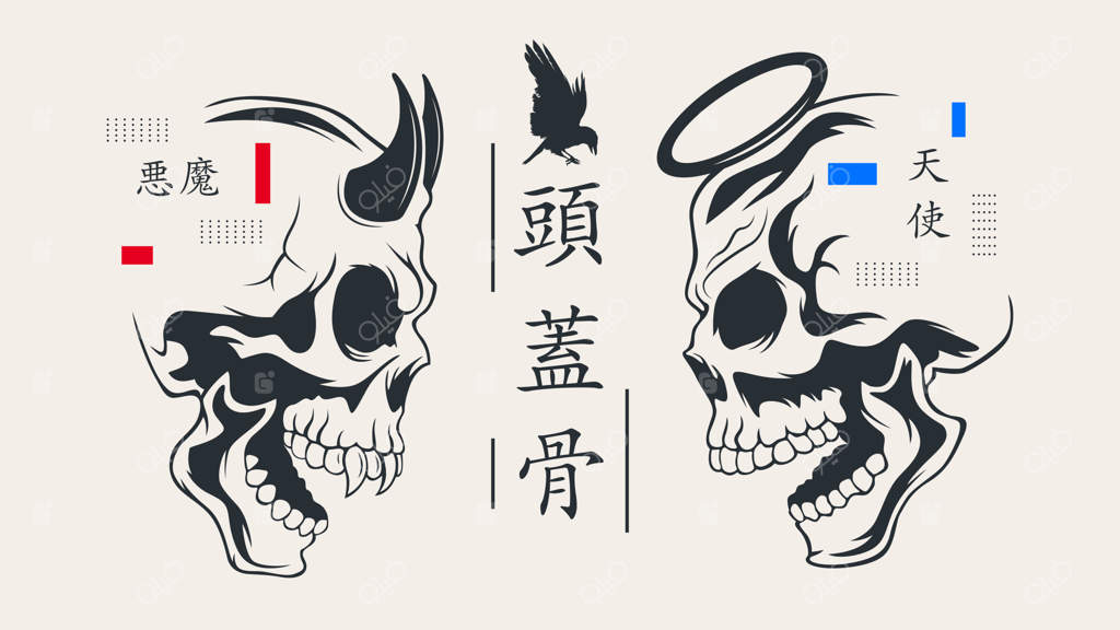 وکتور جمجمه شیطان و فرشته با کلاغ و حروف ژاپنی، طراحی به سبک ژاپنی، وینتیج