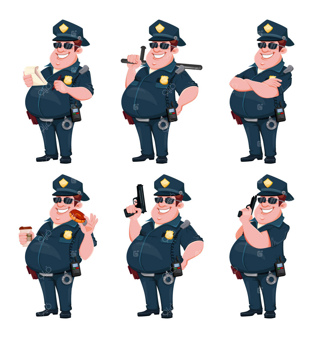 مجموعه‌ای از شش موقعیت مختلف پلیس: شخصیت کارتونی شاد پلیس