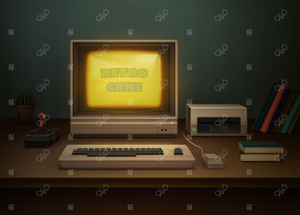 کامپیوتر خاکستری کلاسیک دهه ۸۰ روی میز اداری