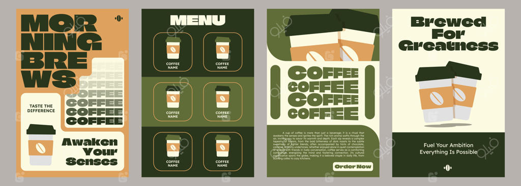 مجموعه‌ای از قالب‌های ساده پس‌زمینه با طرح دانه‌های قهوه و فنجان‌ها برای دعوت‌نامه‌ها، کارت‌ها، بنرها و موارد دیگر