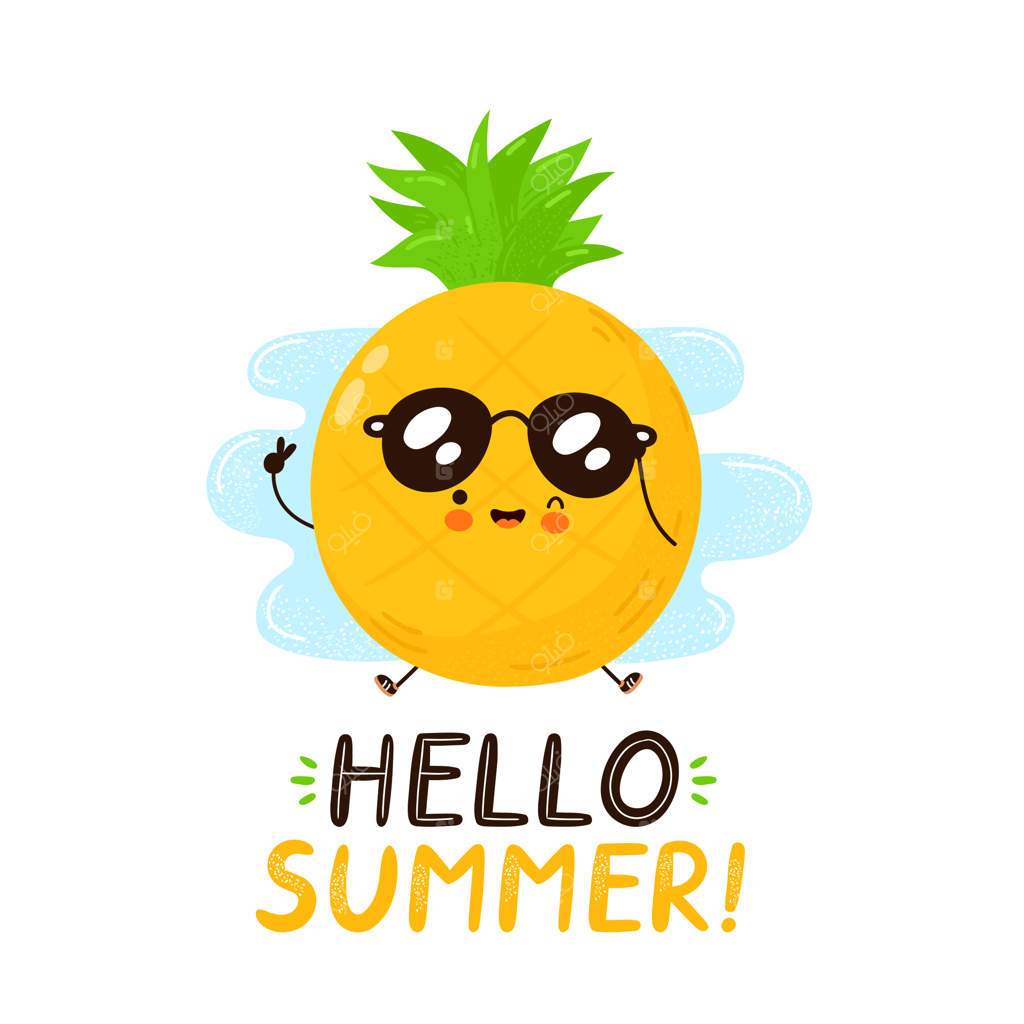 آناناس بامزه و خوشحال: کارت سلام تابستان با طراحی شخصیت کارتونی. زمینه سفید