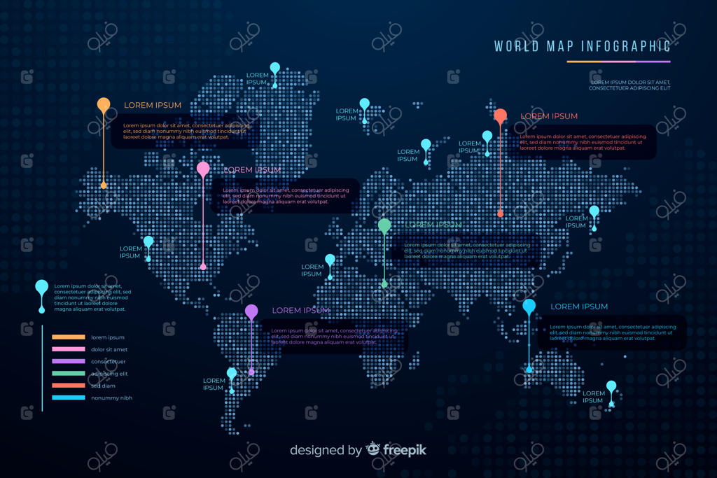 اینفوگرافیک نقشه جهان با تم تیره