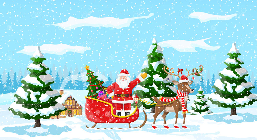 چشم‌انداز کریسمس: درختان، بابانوئل، سورتمه و گوزن‌ها