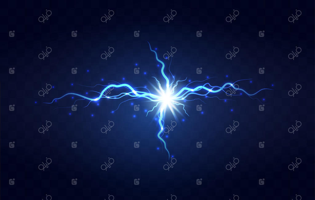 نور闪电 برق و صاعقه در پس زمینه شفاف: جرقه‌های آذرخش، توپ الکتریکی و ضربه برقی. تخلیه الکتریکی واقعی طوفان همراه با درخشیدن آبی‌رنگ.