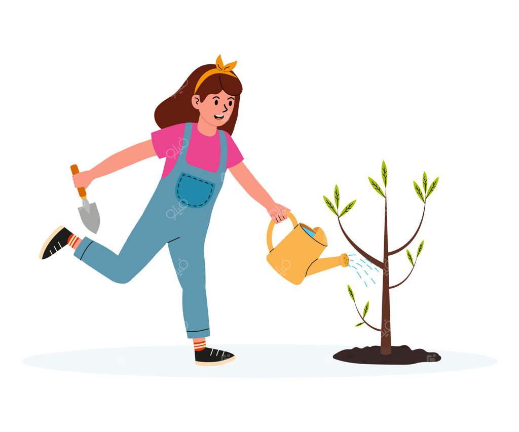 دختری خوشحال در حال آبیاری درخت جوان در باغی آفتابی