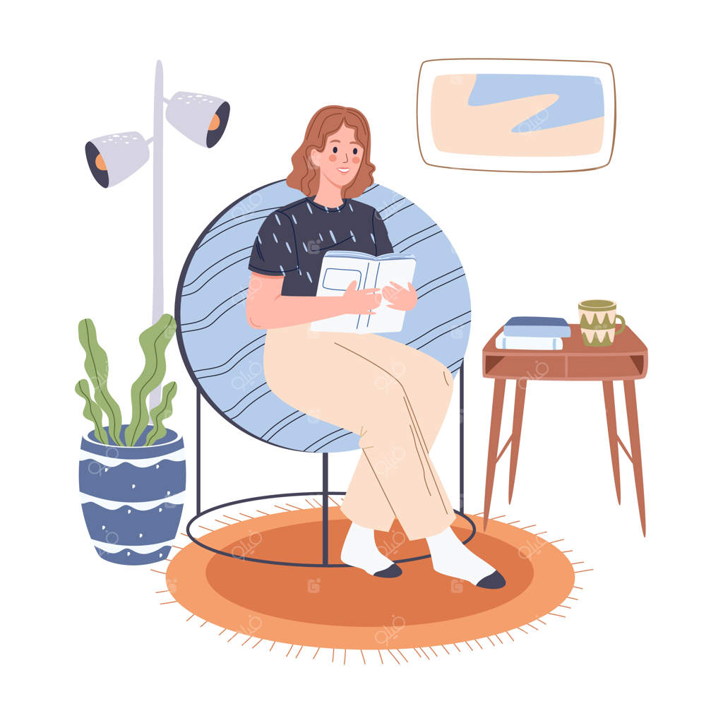 زن جوانی که در صندلی راحتی با کتاب استراحت می‌کند - مطالعه در یک فضای دنج و آرام در خانه