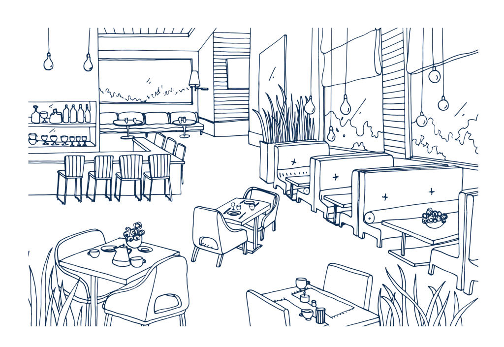 طرح دستی از فضای داخلی مبله یک رستوران یا بیستروی شیک، ترسیم شده با خطوط کلی. نقاشی طرح خام از یک کافه یا قهوه‌خانه مدرن. تصویرسازی تک‌رنگ.