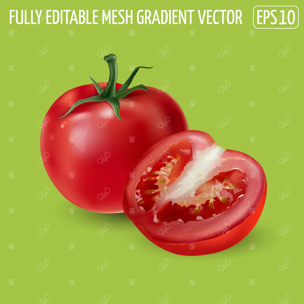 گوجه‌فرنگی قرمز با نیمه‌ای از گوجه‌فرنگی روی زمینه سبز.