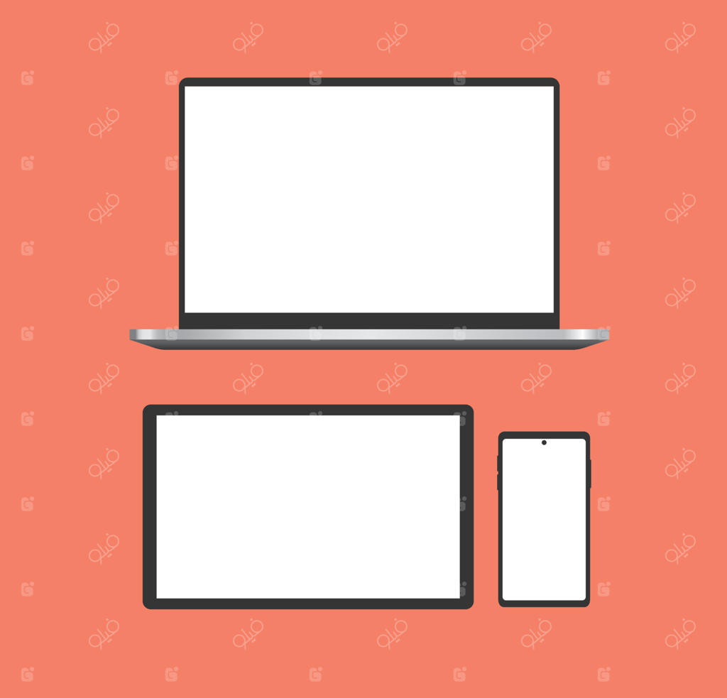 الگوی موکاپ لپ‌تاپ، گوشی هوشمند و تبلت با صفحه نمایش سفید: طراحی مدرن برای تبلیغات و ارائه کسب و کار دیجیتال