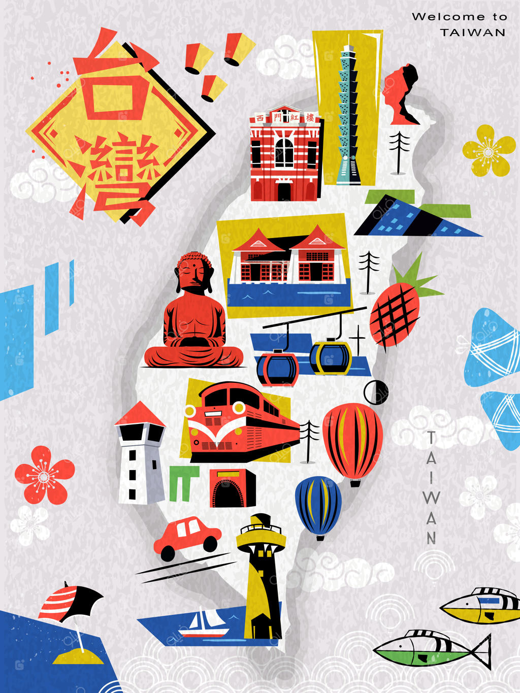 نقشه سفر به تایوان، با عنوان "تایوان" به زبان چینی در بالا و سمت چپ و عبارت "خانه قرمز" بر روی ساختمان قرمز