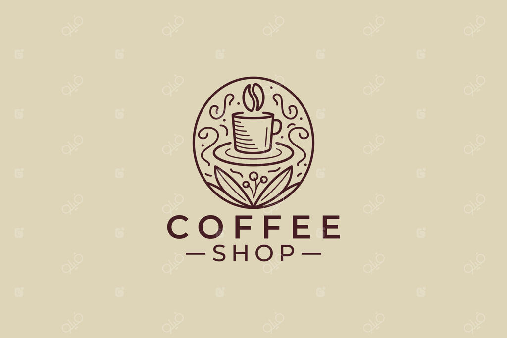 لوگوی الگانس قهوه لوبیای خوش طعم - لذت جرعه‌ای در هر فنجان با طرح خطی برگ به سبک رترو