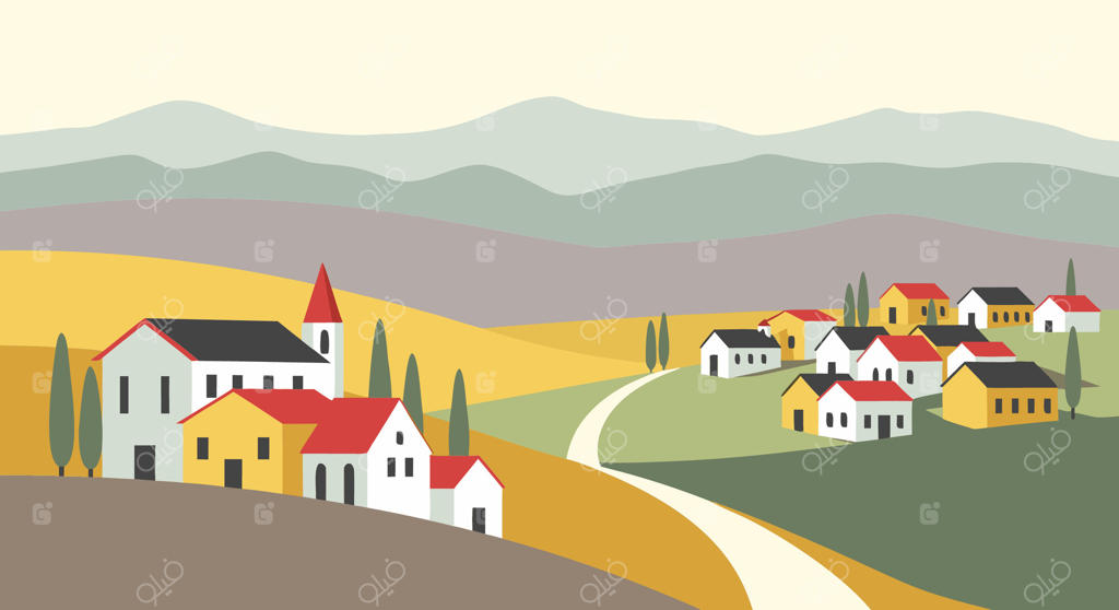 منظره رویایی دهکده‌ای اروپایی با تپه‌های ماهور و جاده پرپیچ‌وخم؛ تصویرسازی مینیمال و جذاب از طبیعت روستایی